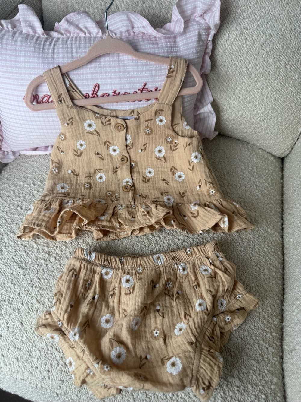 Kids Matching Set - Tan Floral Ruffle Top & Bloomers